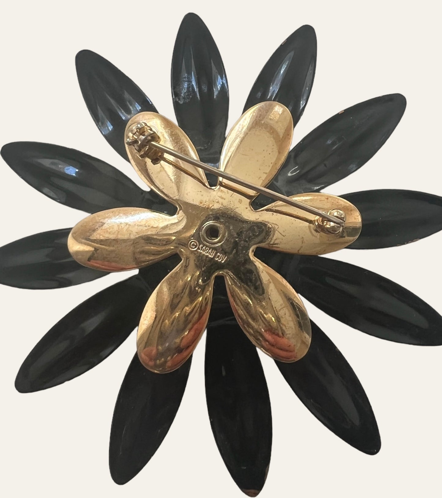 Sarah Coventry Black Enamel Flower Brooch And Earrings Set