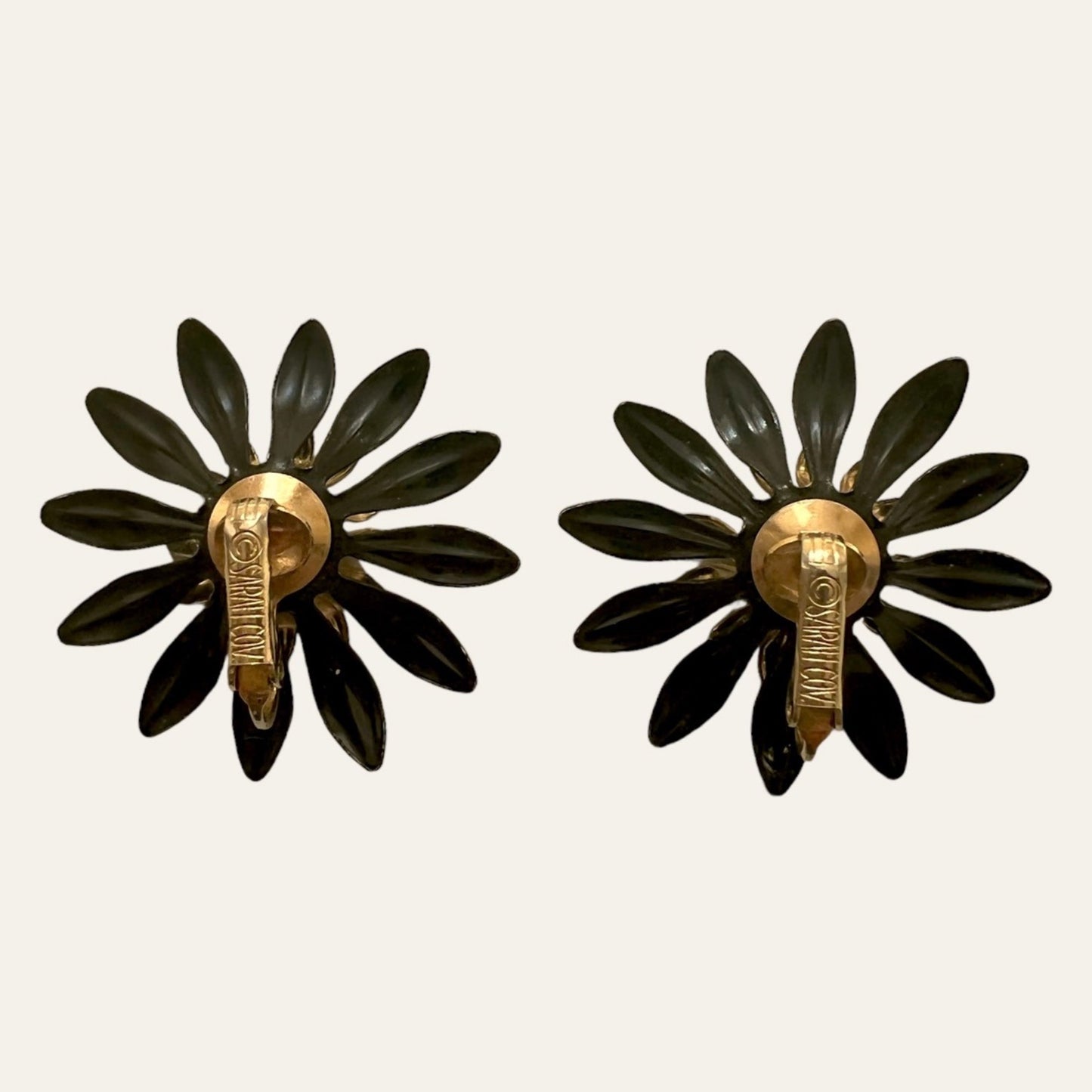 Sarah Coventry Black Enamel Flower Brooch And Earrings Set