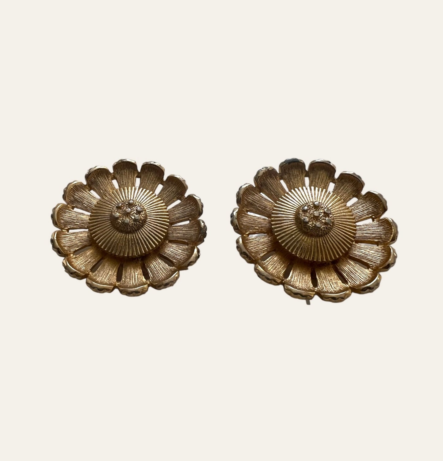 1960's Large Sarah Coventry Pat. Pending Gold Tone Flower Earrings