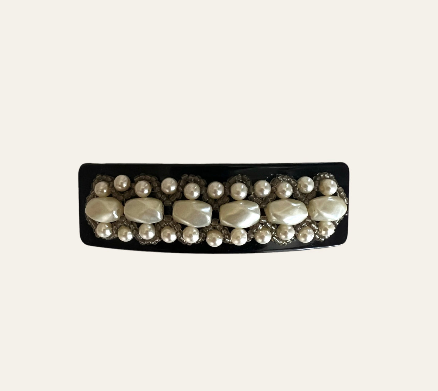 1980's Black Hair Barrette With Faux Pearls