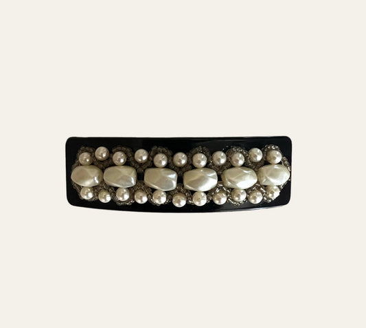 1980's Black Hair Barrette With Faux Pearls