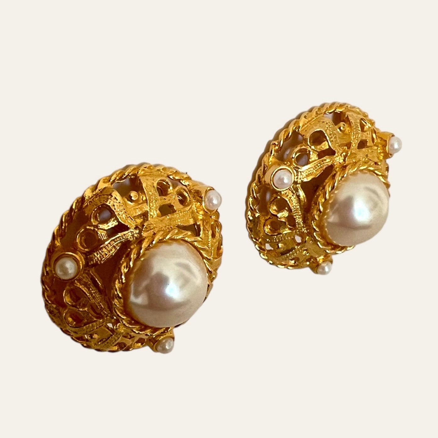 Ivana Trump Large Gold Tone Clip On Earrings with Faux Pearls