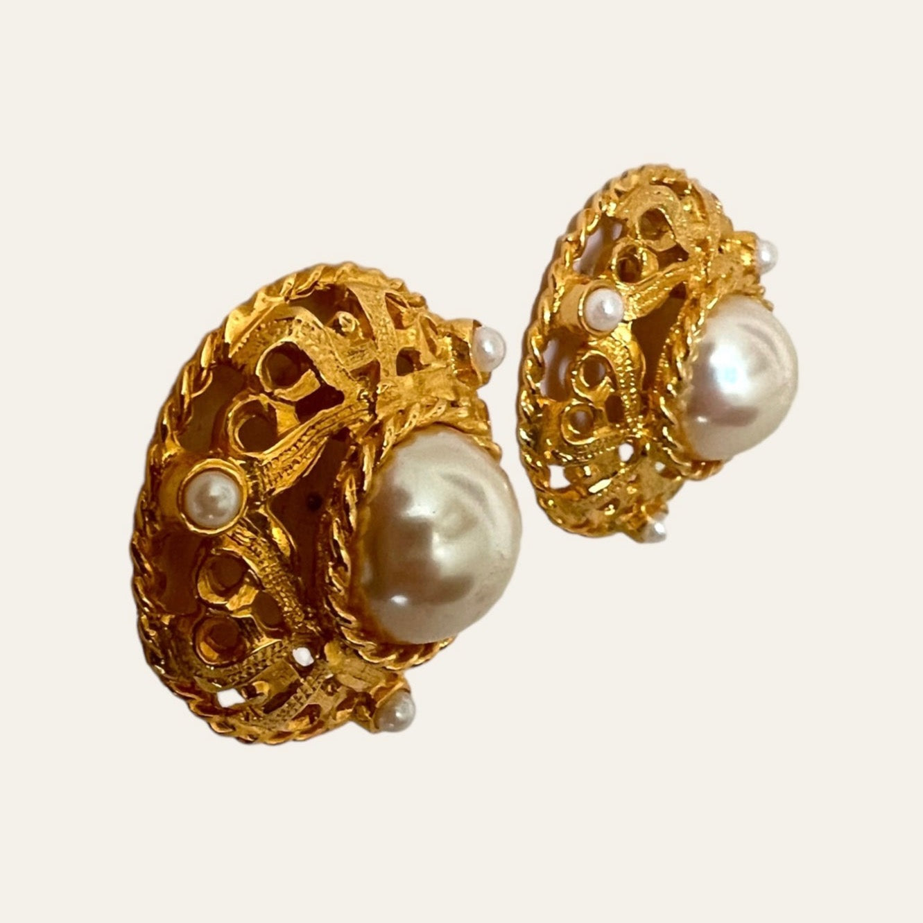 Ivana Trump Large Gold Tone Clip On Earrings with Faux Pearls