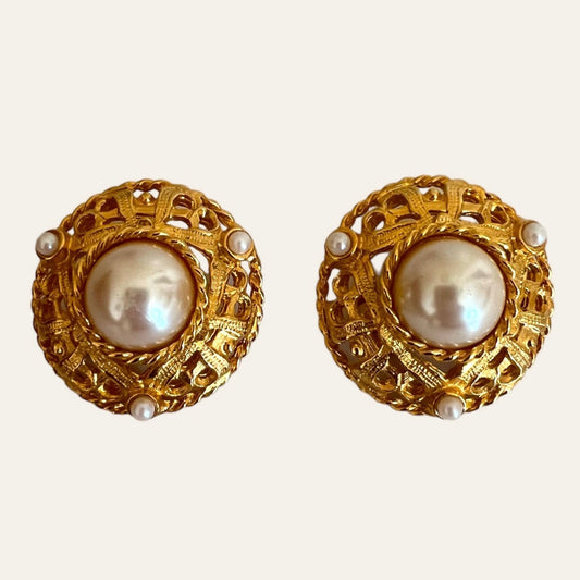 Ivana Trump Large Gold Tone Clip On Earrings with Faux Pearls