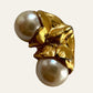 Brushed Gold Tone Crinkle Clip On Earrings With Faux Pearls