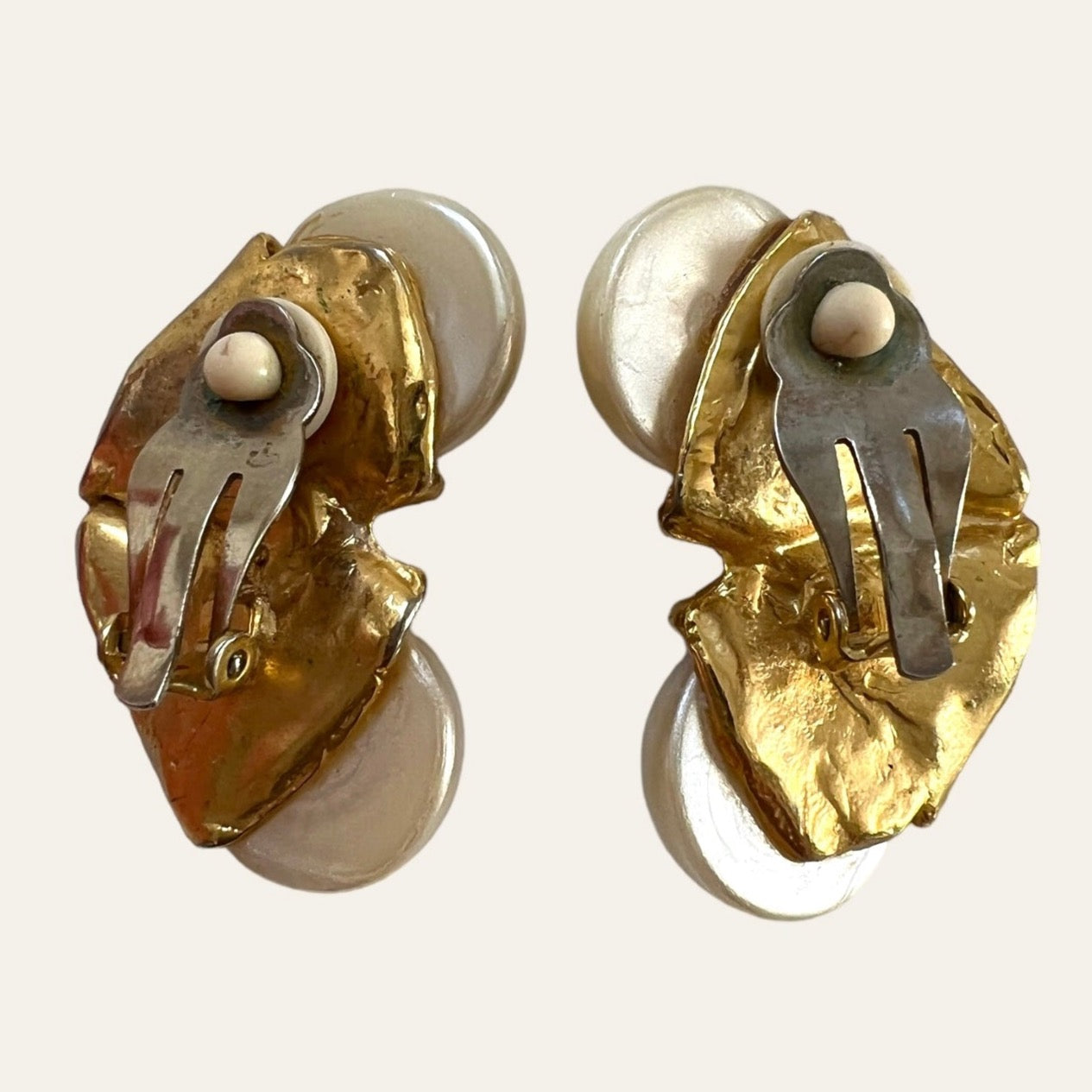 Brushed Gold Tone Crinkle Clip On Earrings With Faux Pearls