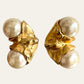 Brushed Gold Tone Crinkle Clip On Earrings With Faux Pearls