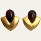 Large Brushed Gold Tone With Brown Stone Teardrop Clip On Earrings