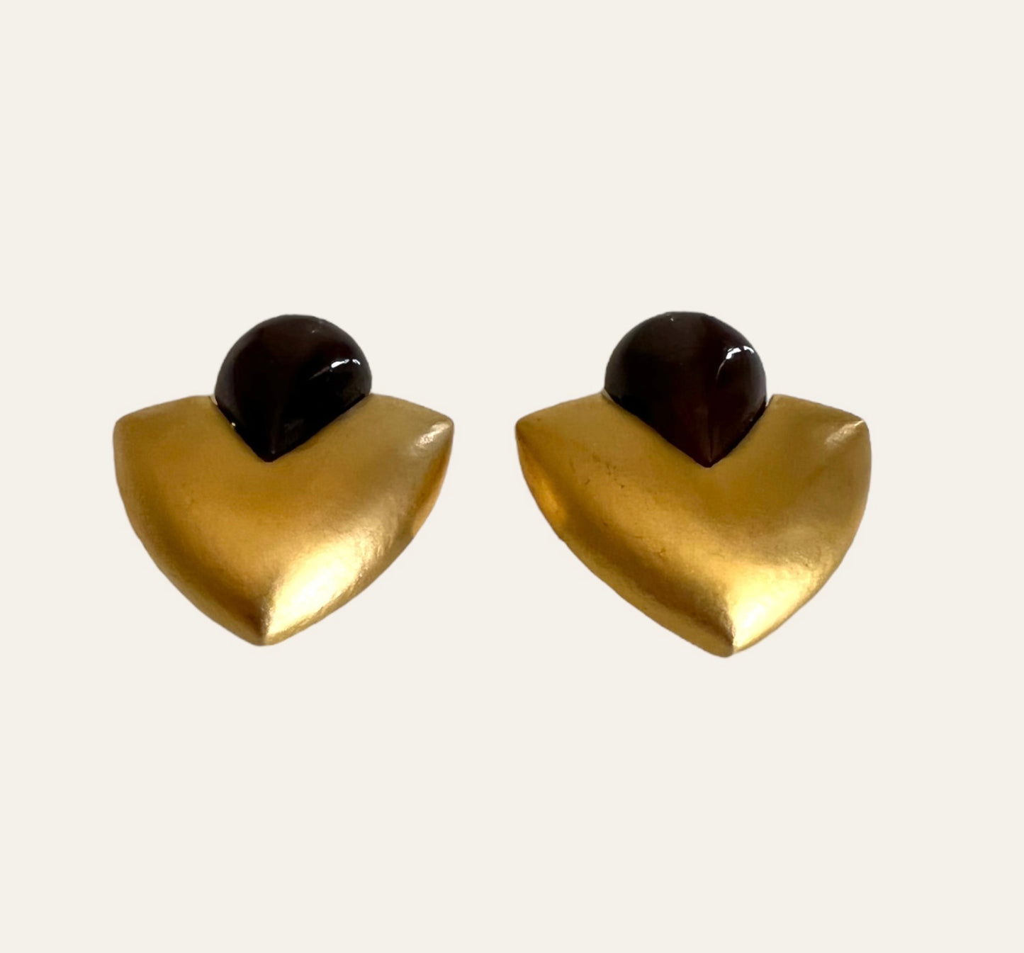 Large Brushed Gold Tone With Brown Stone Teardrop Clip On Earrings