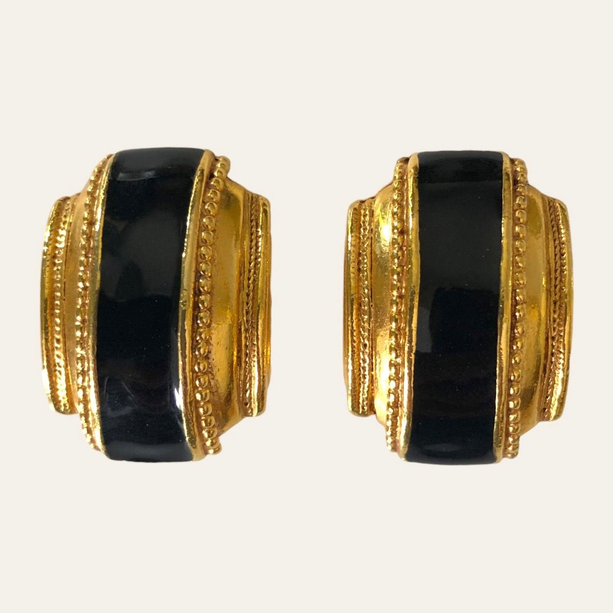 Large Bold Gold Tone Clip On Earrings With Black Enamel