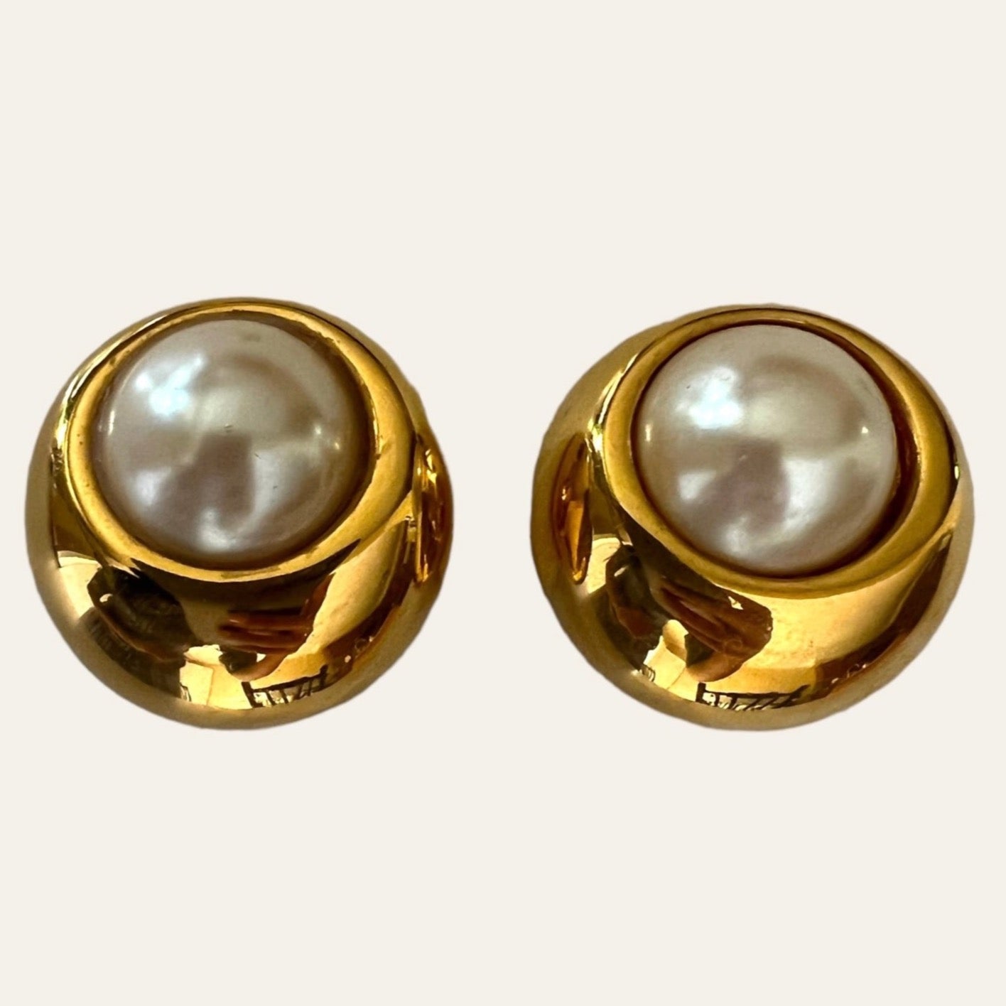 St. John 1880's Large Raised Gold Tone with Faux Pearls Clip On Earrings