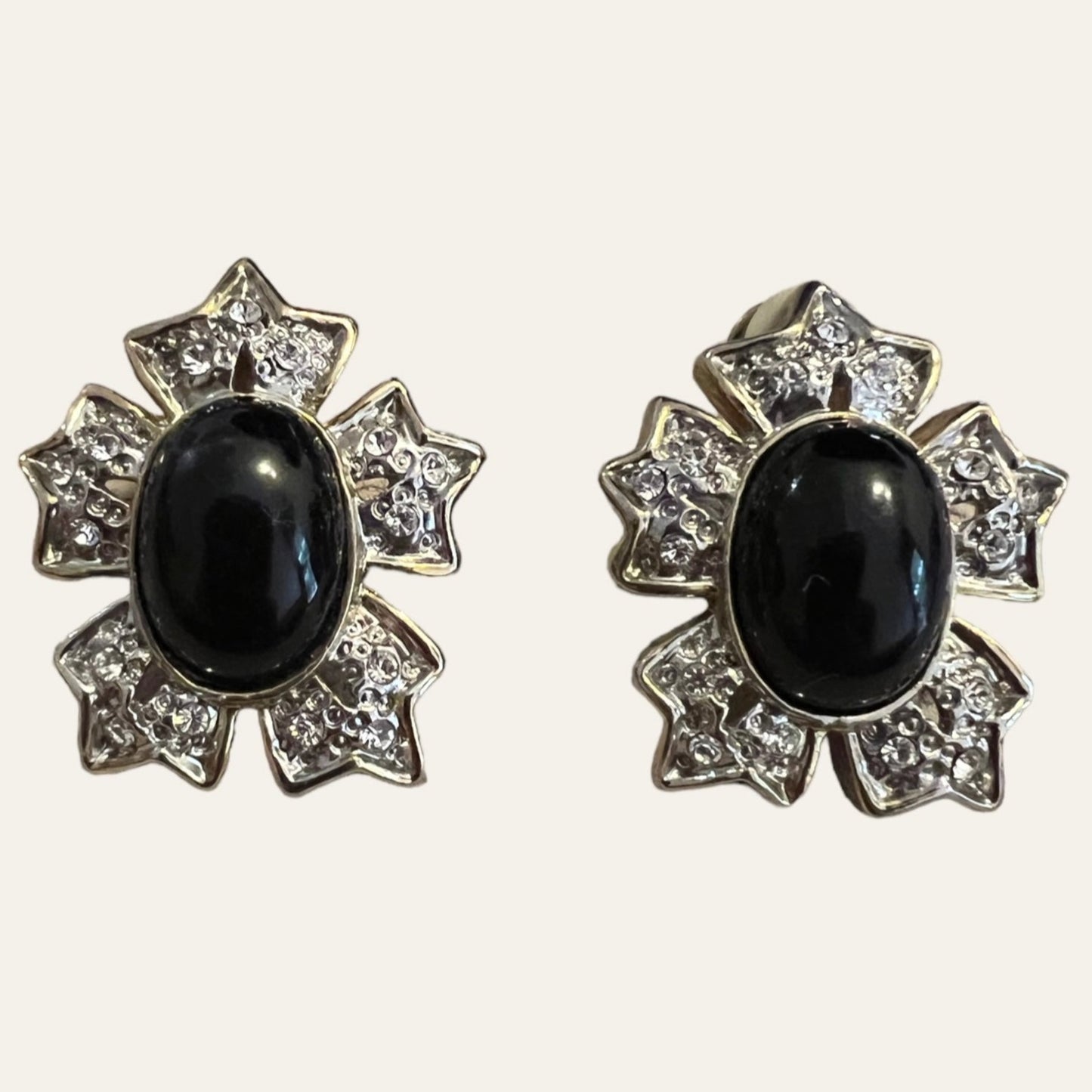 1980's Black Enamel And Crystals Clip On Earrings