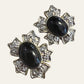 1980's Black Enamel And Crystals Clip On Earrings