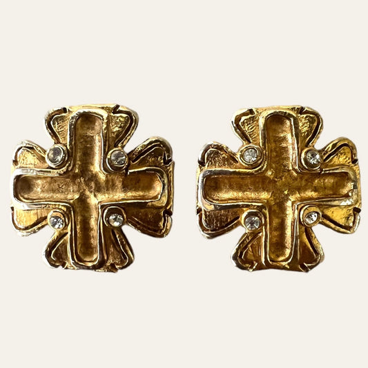 1990's JACKY DE G Byzantine Cross Clip On Earrings