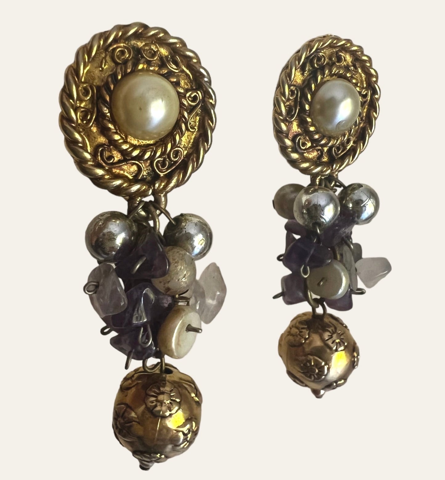 Cluster Bead Dangling Clip On Earrings