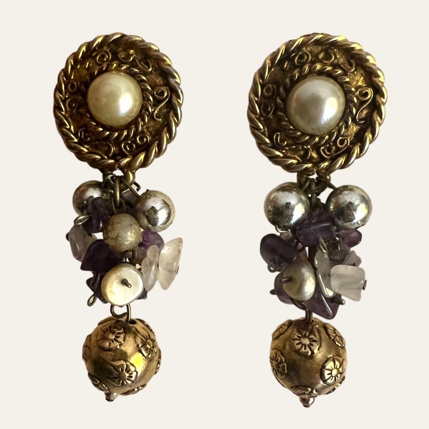 Cluster Bead Dangling Clip On Earrings