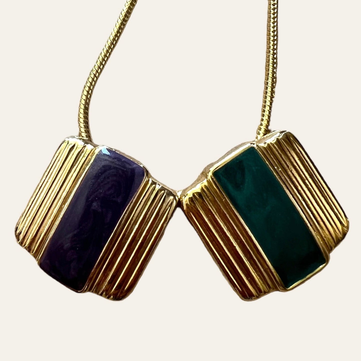 Long Gold Tone Textured Necklace With Green And Purple Enamels