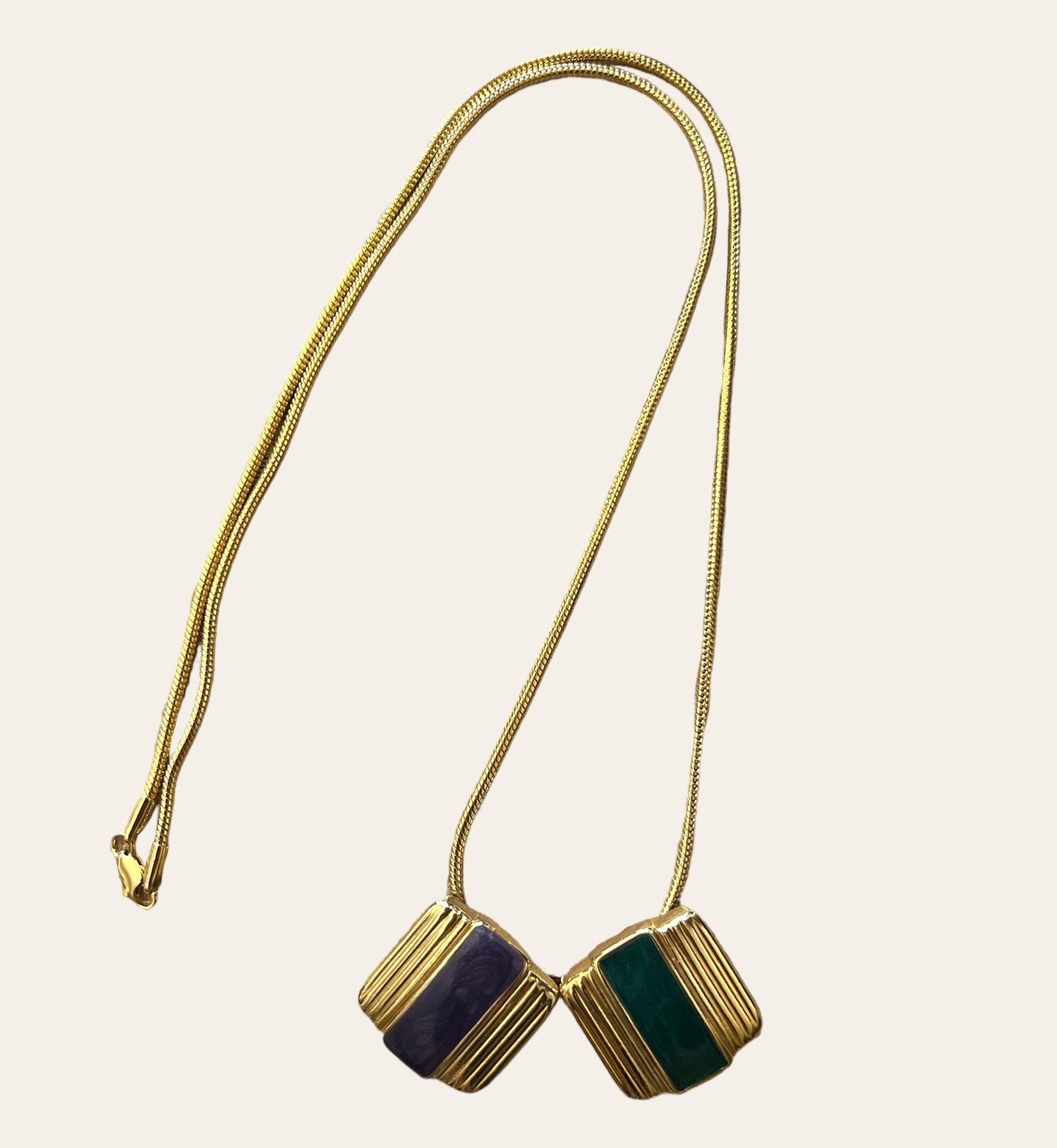 Long Gold Tone Textured Necklace With Green And Purple Enamels