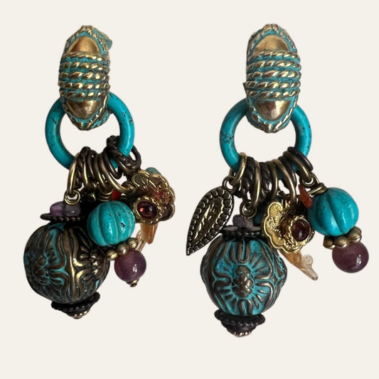 1990's Bleu Turquoise Zoe Coste Fish Tassels Clip On Earrings