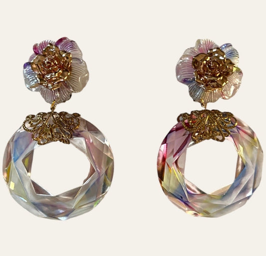 Iridescent Transparent Flower Clip On Earrings