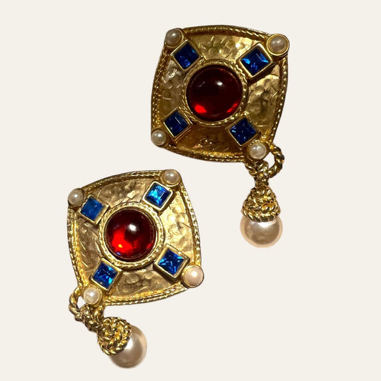 1980's Dangle Earrings With Red Cabochons