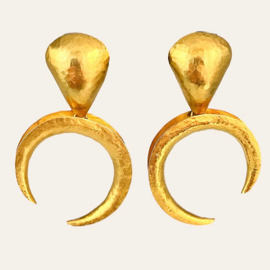 Massive Hammered Gold Tone Drop Pierced Earrings