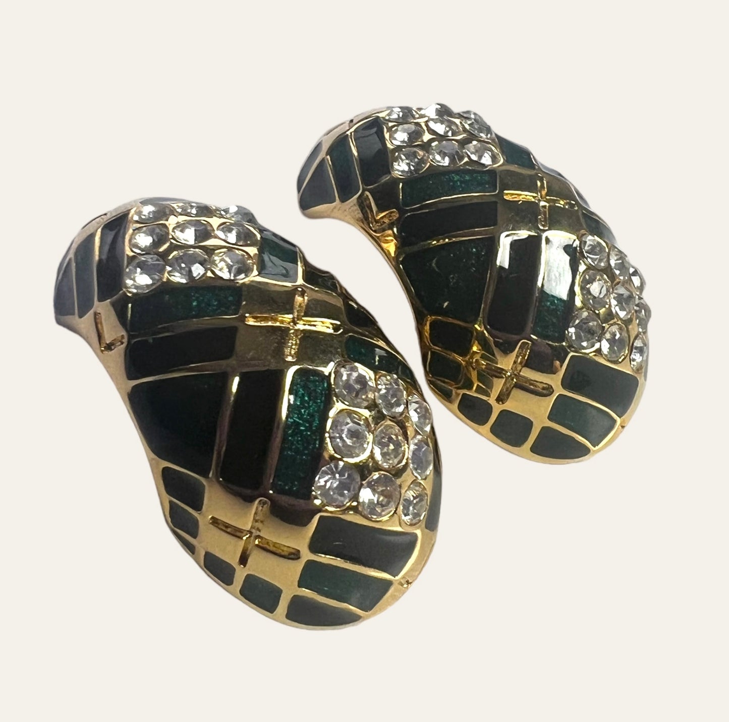 1980's Black & Green Enamel Half Hoop Clip On Earrings