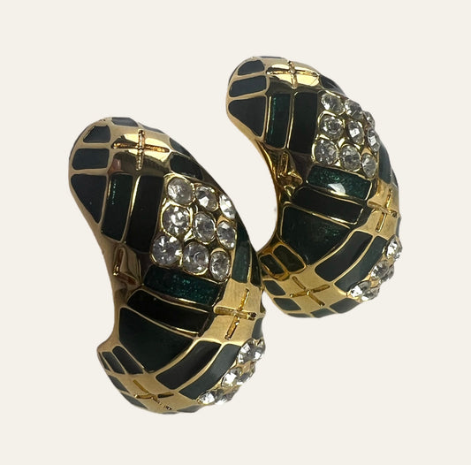 1980's Black & Green Enamel Half Hoop Clip On Earrings