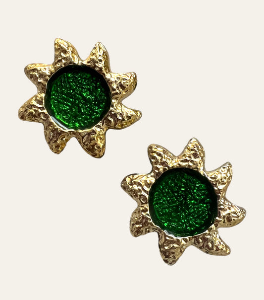 1980's Large Green Sun Clip On Earrings