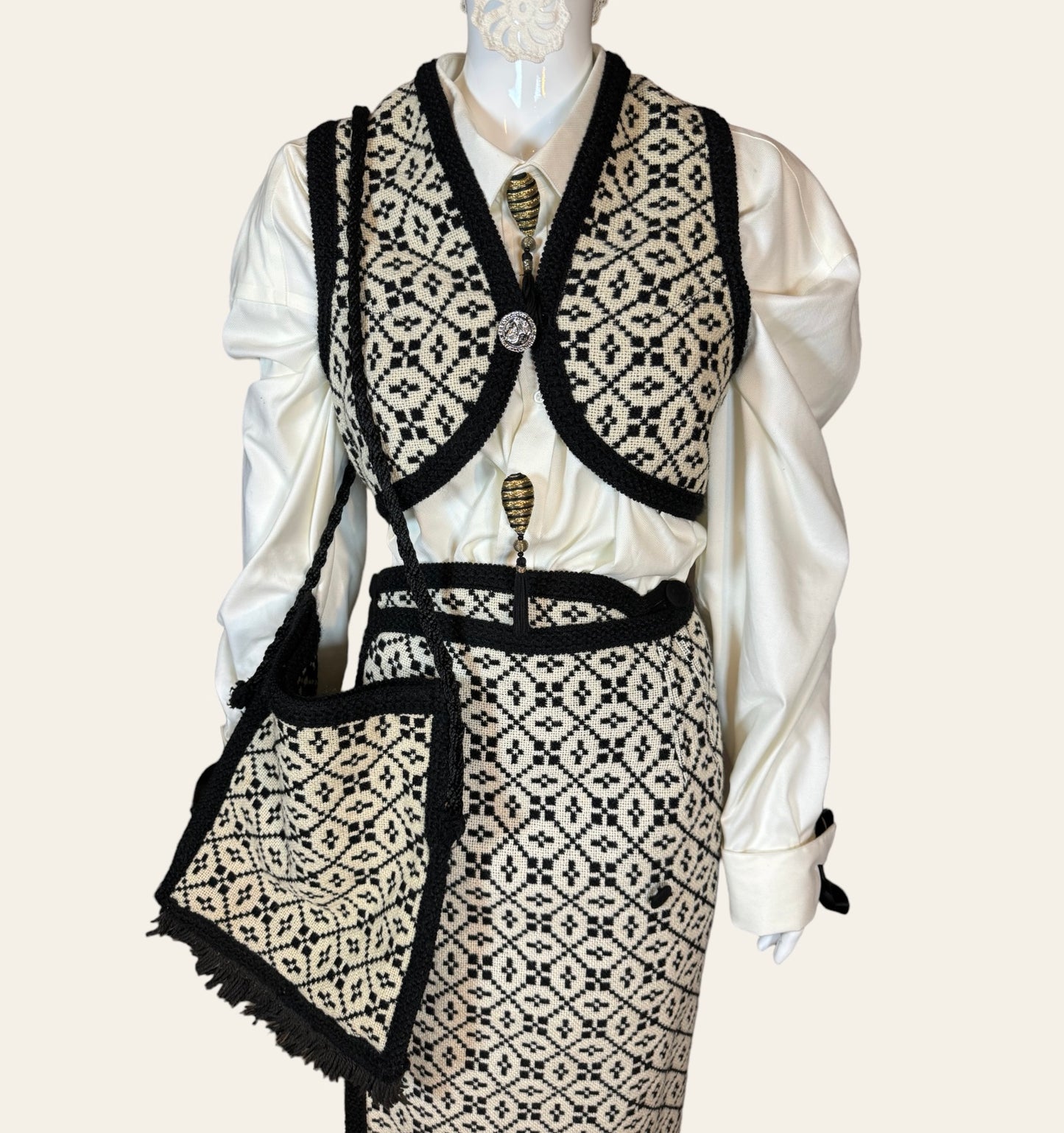 Vintage Folk Revival Skirt, Vest And Bag Knit Ensemble