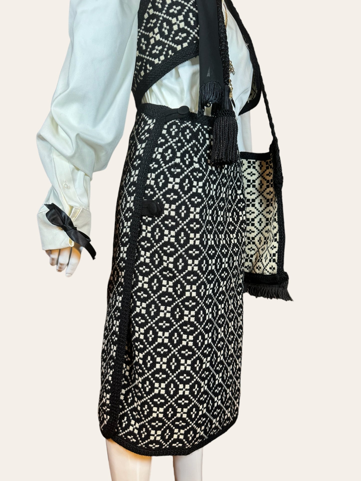 Vintage Folk Revival Skirt, Vest And Bag Knit Ensemble