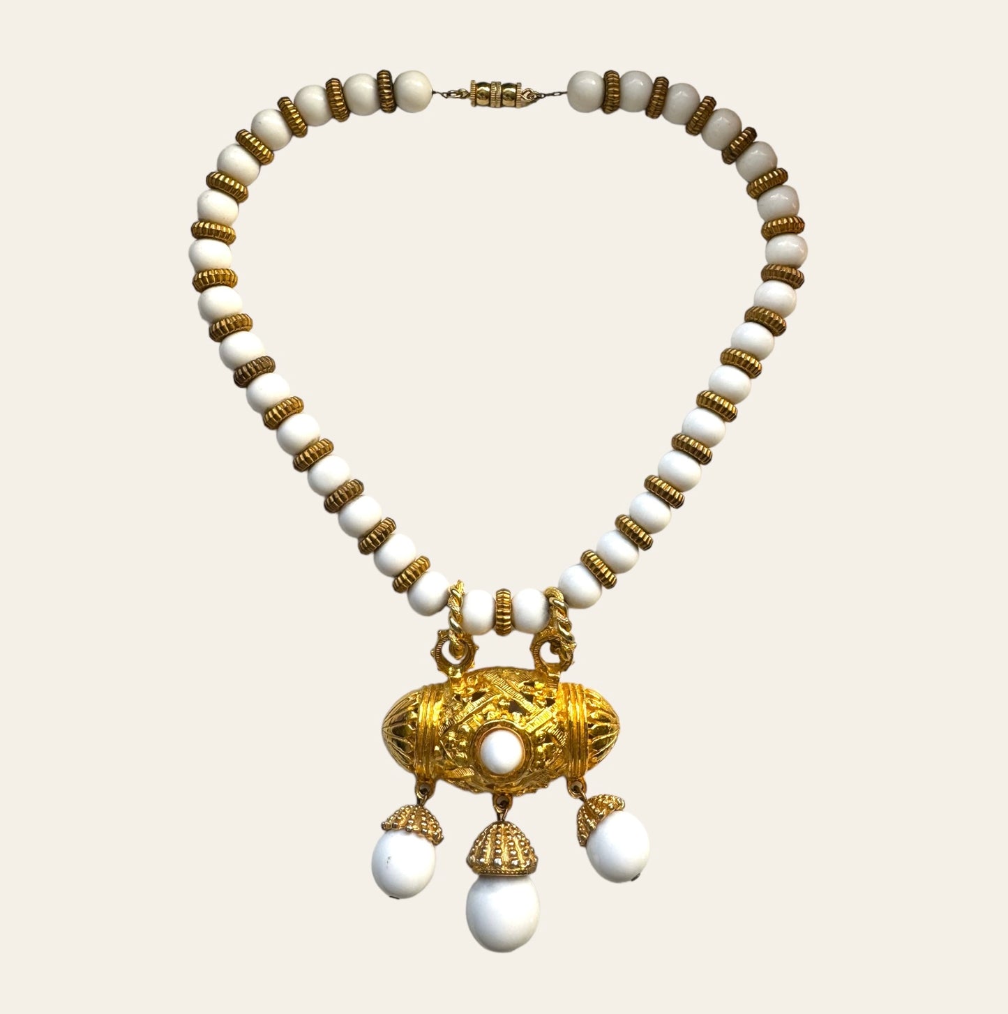 Les Bernard White And Gold Beaded Necklace