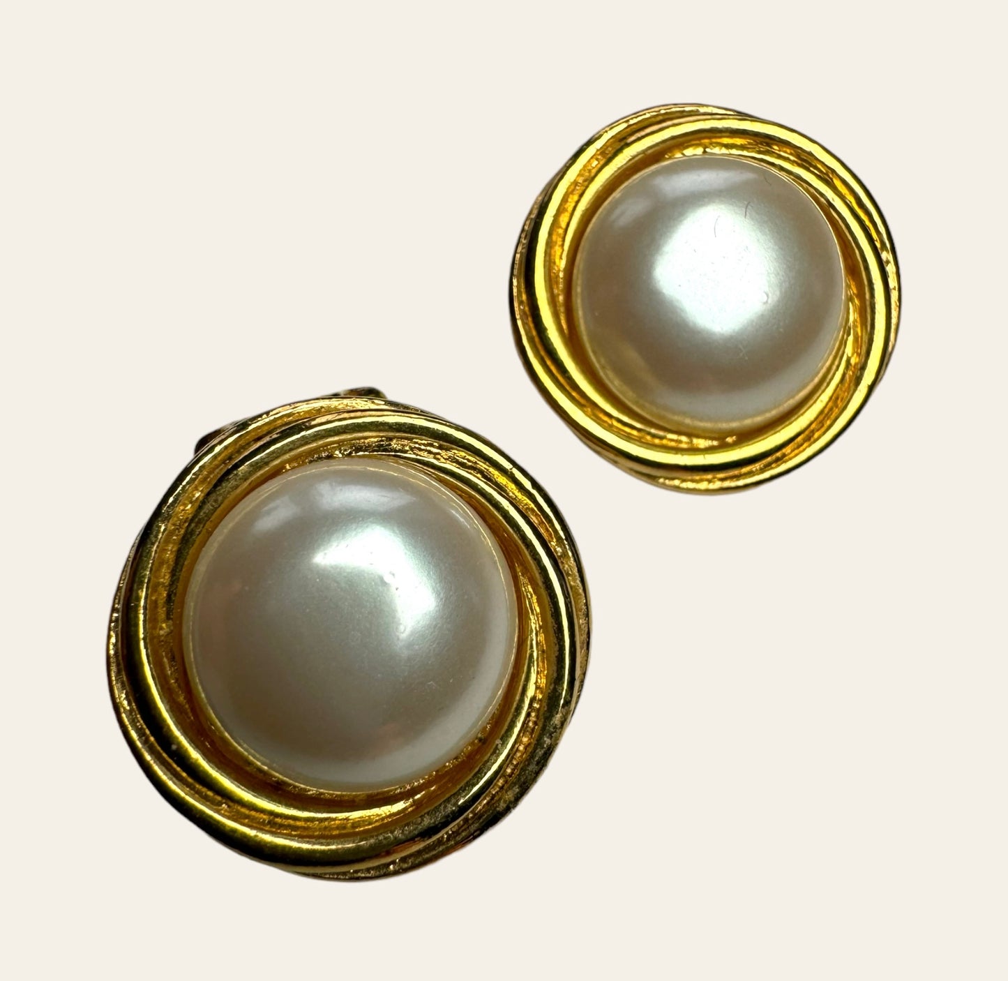 Gold Tone Button Faux Pearl Clip On Earrings