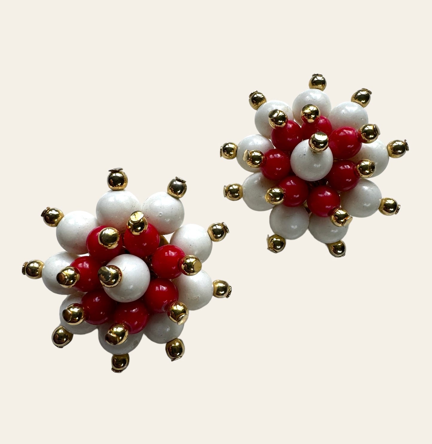 1960's Red And White Beaded Clip On Earrings