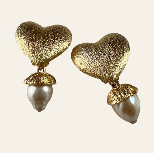 1990's St. John Gold tone Heart Shaped dangle clip on Earrings with faux Pearls