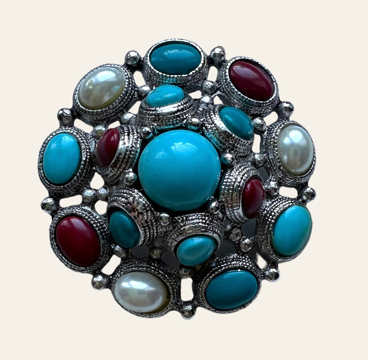 Silver Tone Brooch with Faux Cabochons