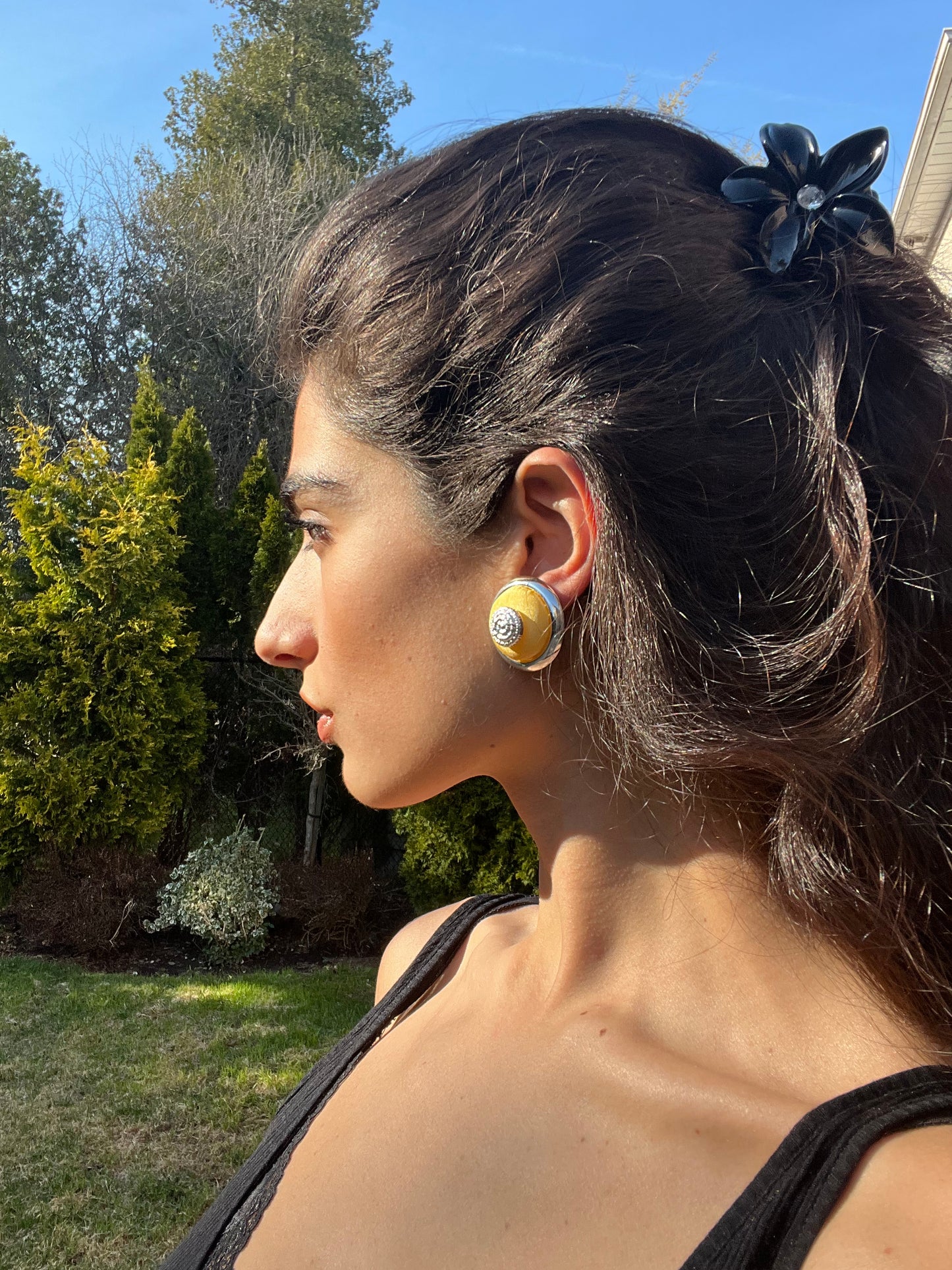 Satin Yellow And Silver Tone Button Earrings