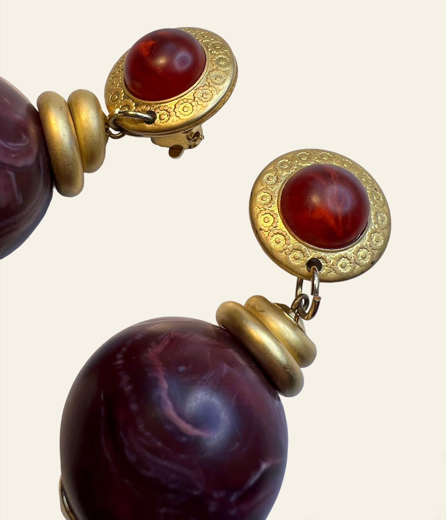 1980's Italian Vintage Oversized Burgundy Dangling Clip On Earrings