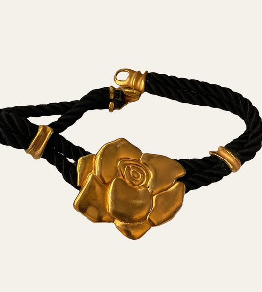 1980's Gold Tone Flower Bloom on Black Choker Rope