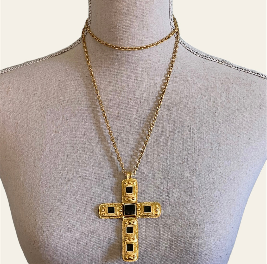 1990's Large Black and Gold Byzantine Style Cross Necklace