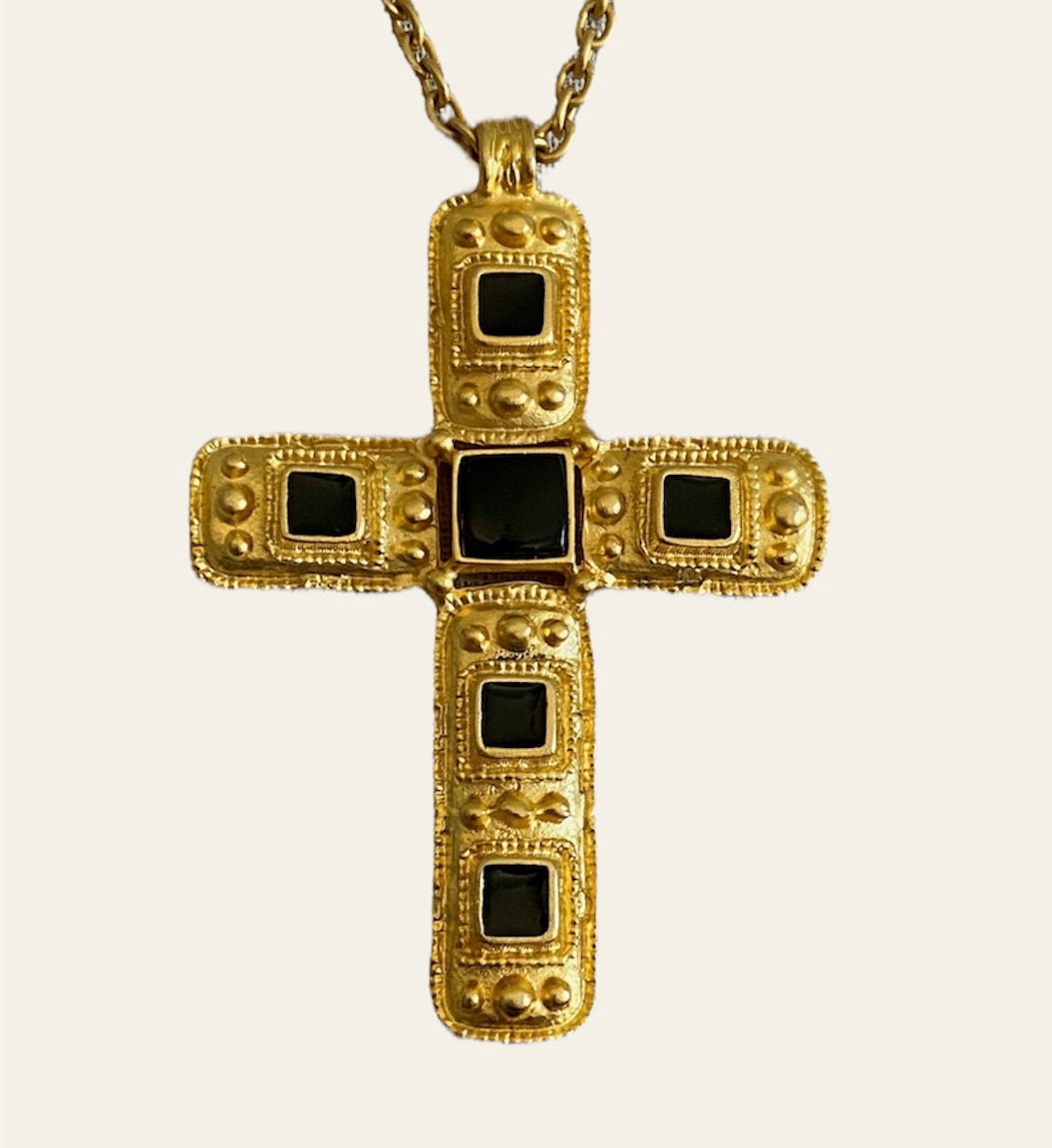 1990's Large Black and Gold Byzantine Style Cross Necklace