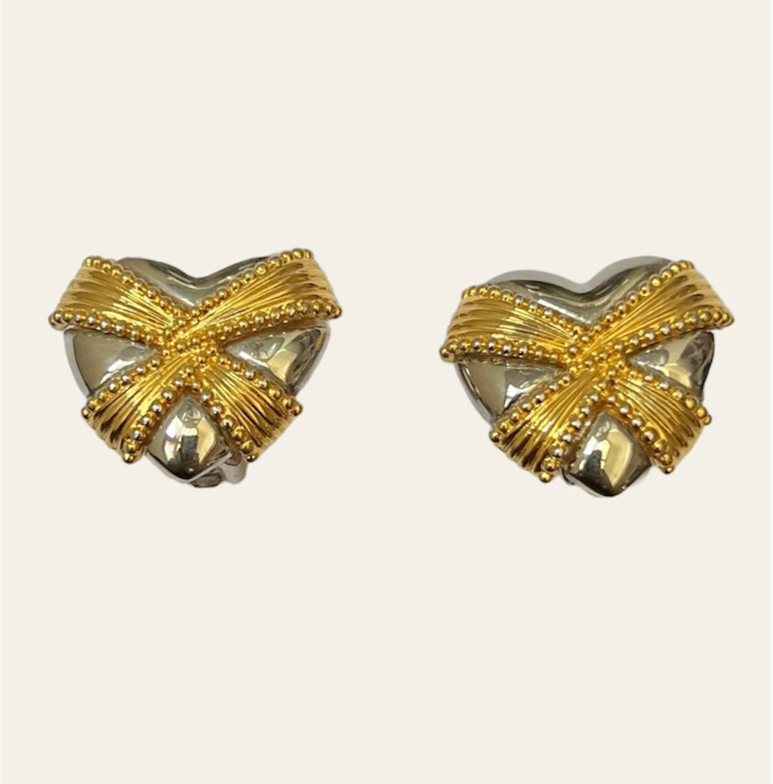 1990's Gold and Silver Heart Shaped Clip On Earrings