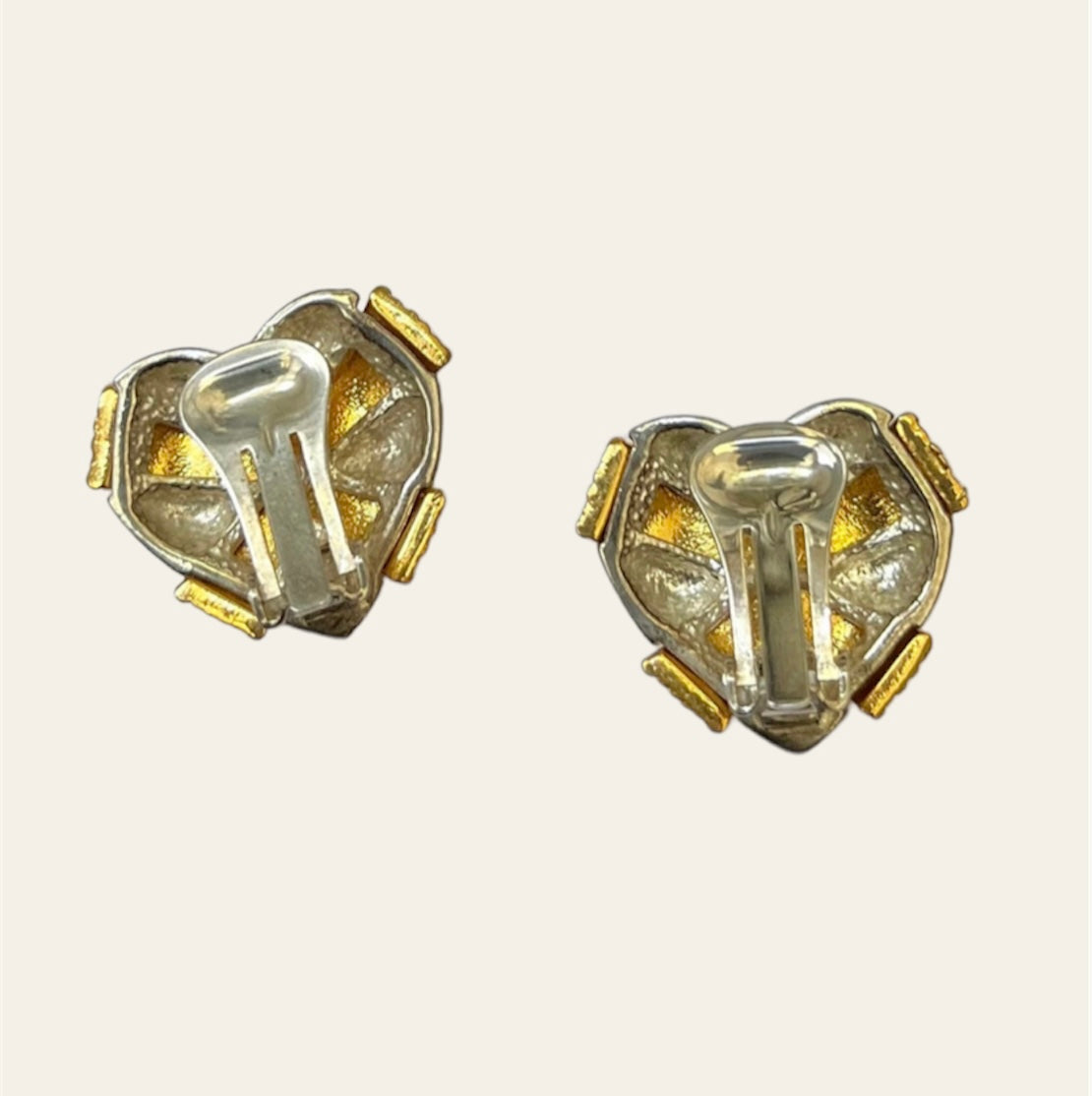 1990's Gold and Silver Heart Shaped Clip On Earrings