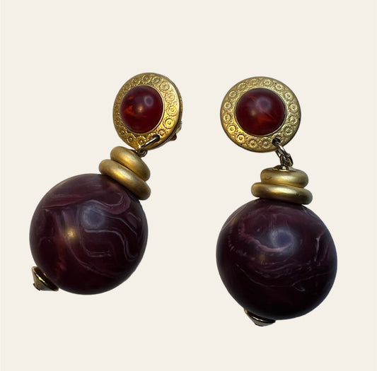 1980's Italian Vintage Oversized Burgundy Dangling Clip On Earrings