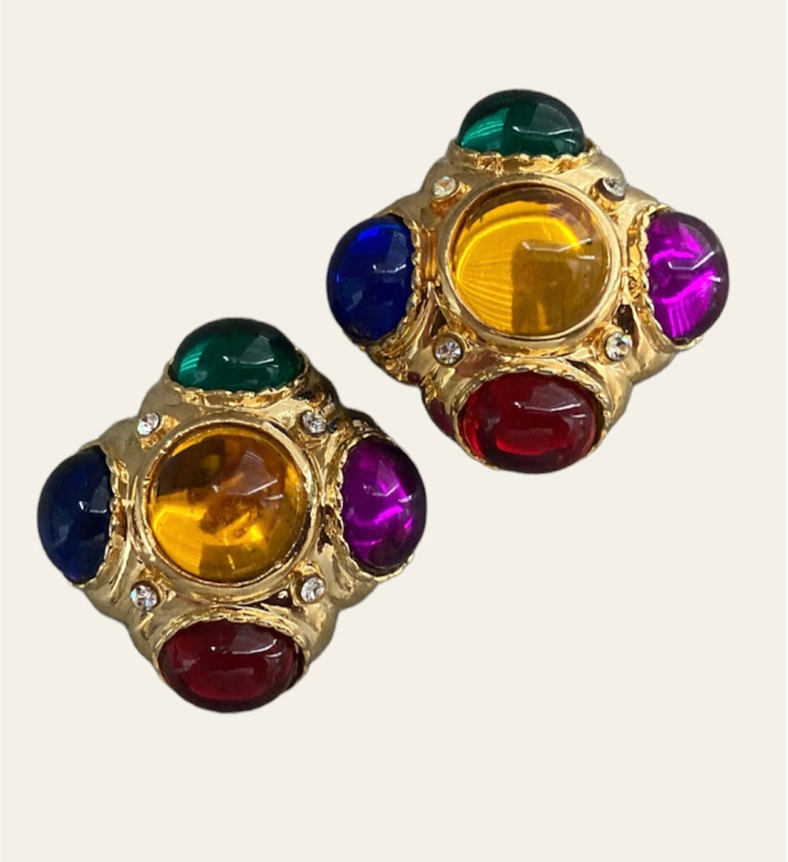 1980's Large Gold Gripoix style classic clip on earrings with Multicoloured Cabochons and Clear Rhinestones