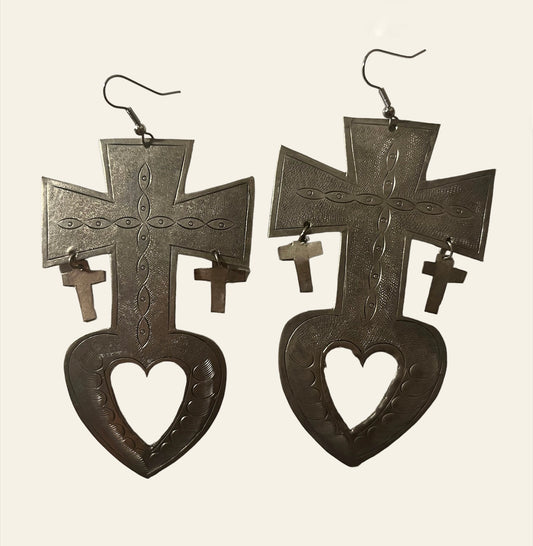 Vintage Huge Metal Statement Cross Heart Earrings