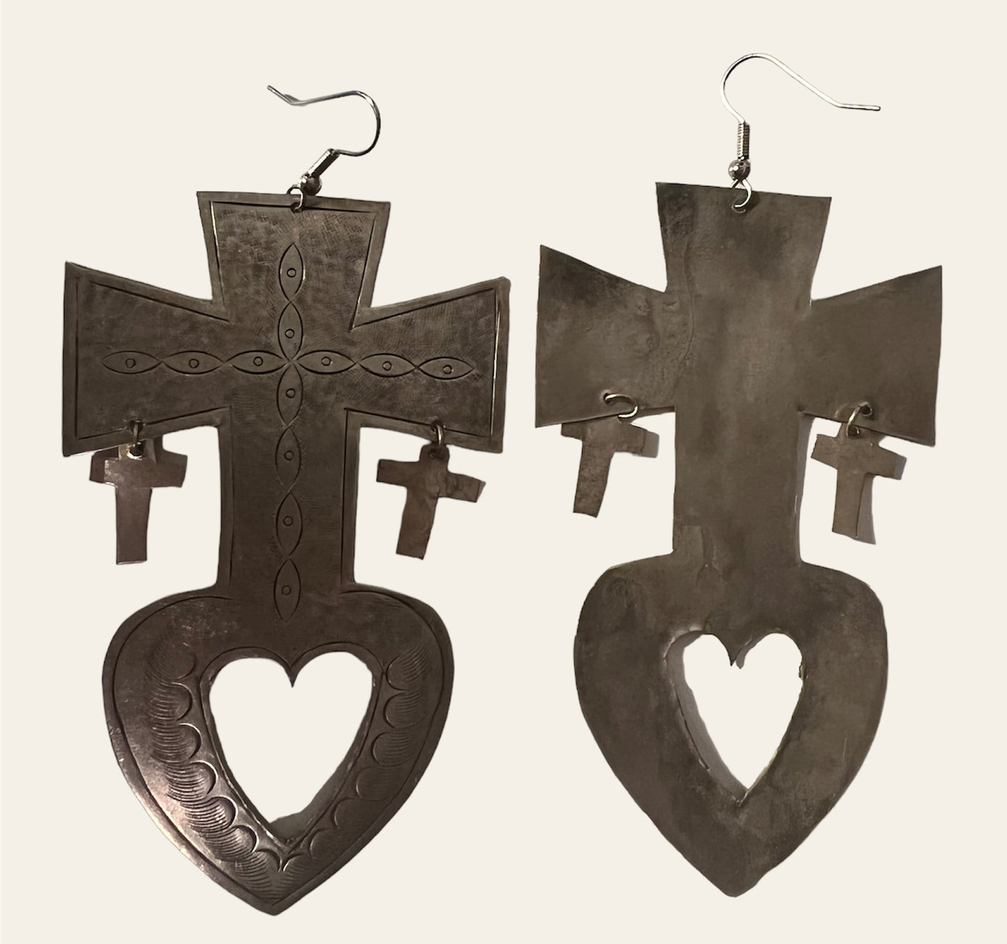 Vintage Huge Metal Statement Cross Heart Earrings