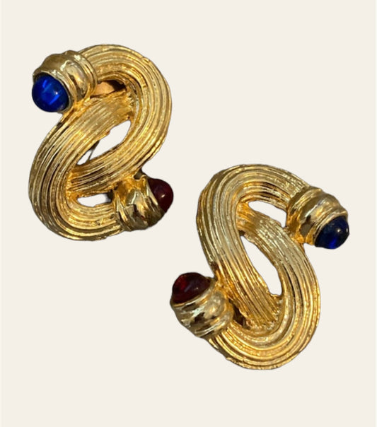 1980's Gold tone swirl Gripoix style Clip On Earrings with Multicoloured Cabochons