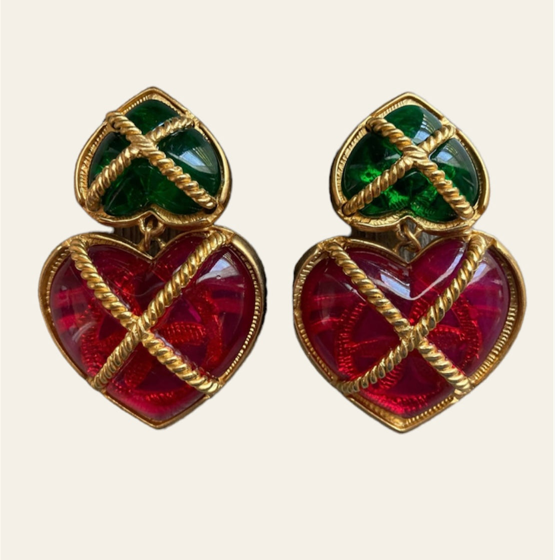 1980's Huge Red and Green Heart Shaped Clip On Earrings