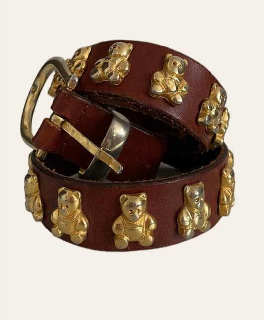 1980's brown leather & Gold Tone Bears Belt